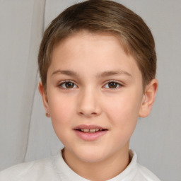 Joyful white child female with short  brown hair and brown eyes