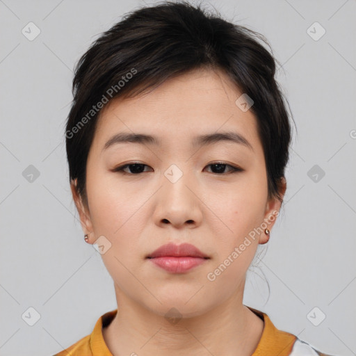 Neutral asian young-adult female with short  brown hair and brown eyes