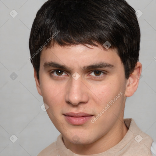 Neutral white young-adult male with short  brown hair and brown eyes