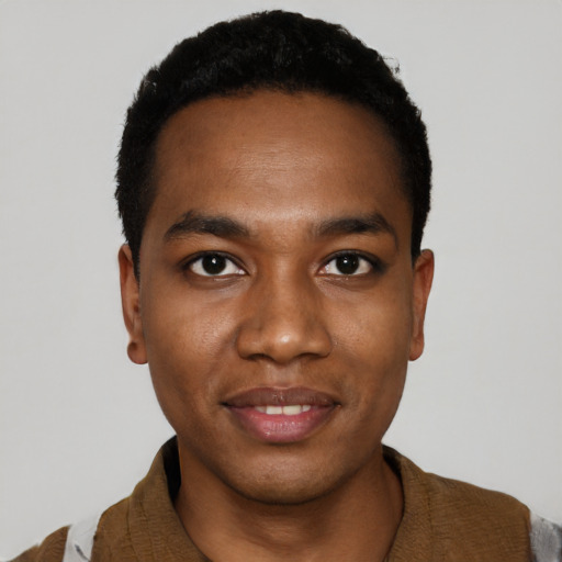 Joyful black young-adult male with short  black hair and brown eyes