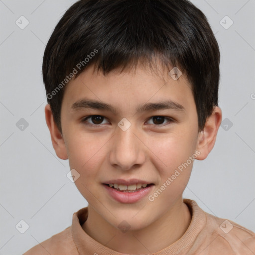 Joyful white child male with short  brown hair and brown eyes