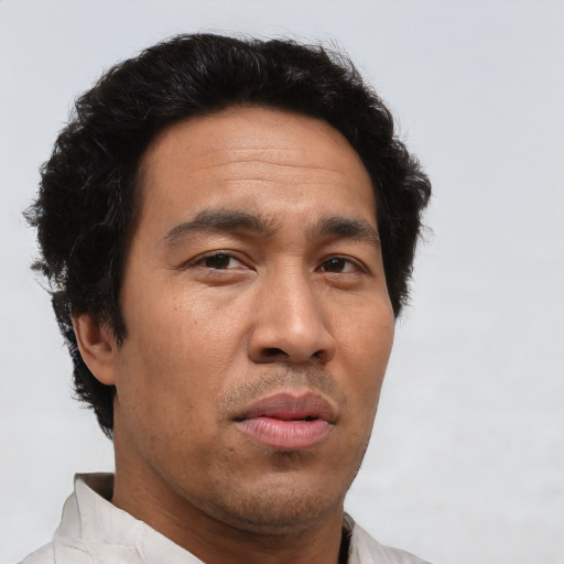 Neutral asian adult male with short  brown hair and brown eyes