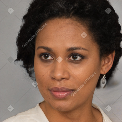 Neutral black adult female with short  brown hair and brown eyes