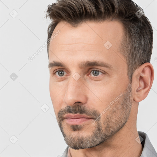 Neutral white adult male with short  brown hair and brown eyes