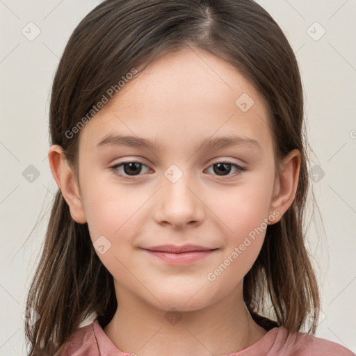 Joyful white child female with medium  brown hair and brown eyes