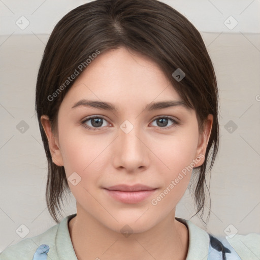 Neutral white young-adult female with medium  brown hair and brown eyes