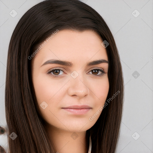 Neutral white young-adult female with long  brown hair and brown eyes