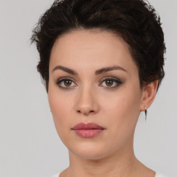 Neutral white young-adult female with short  brown hair and brown eyes