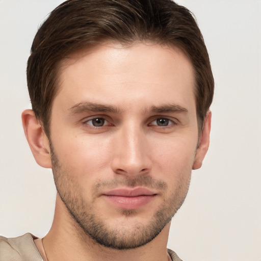 Neutral white young-adult male with short  brown hair and brown eyes