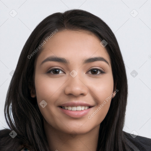 Joyful white young-adult female with long  black hair and brown eyes