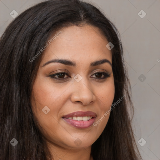 Joyful white young-adult female with long  brown hair and brown eyes