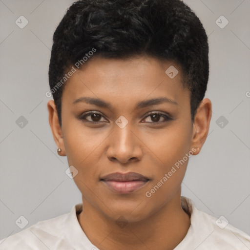 Joyful black young-adult female with short  black hair and brown eyes