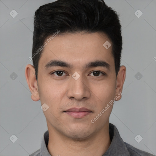 Neutral white young-adult male with short  black hair and brown eyes