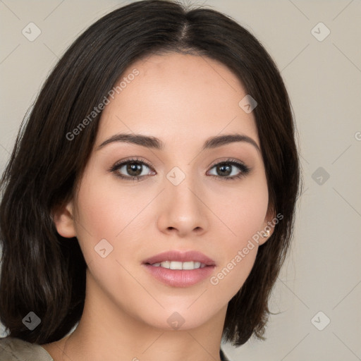 Neutral white young-adult female with medium  brown hair and brown eyes