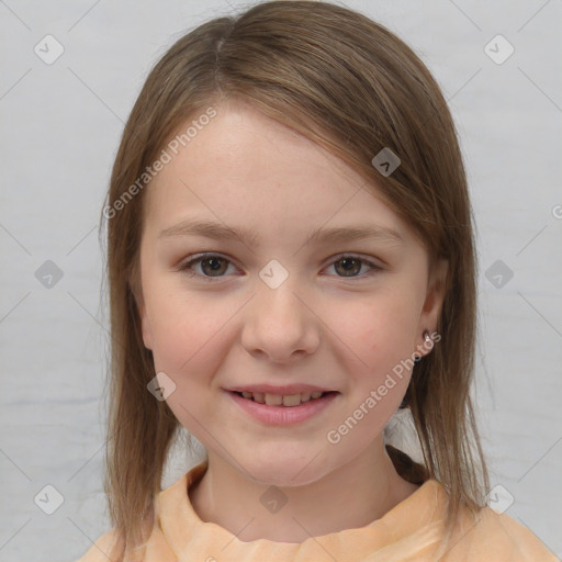 Joyful white child female with medium  brown hair and brown eyes