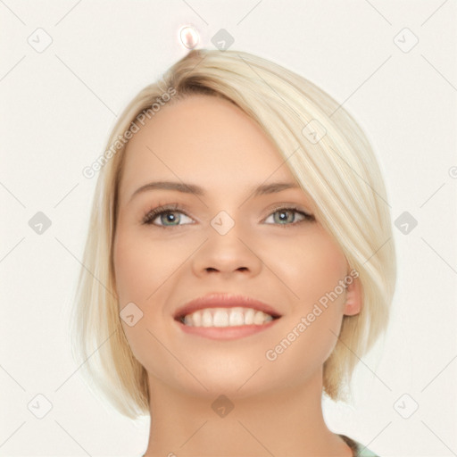 Joyful white young-adult female with medium  brown hair and blue eyes