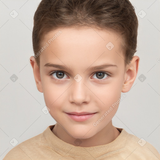 Joyful white child female with short  brown hair and brown eyes