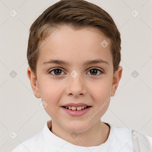 Joyful white child female with short  brown hair and brown eyes