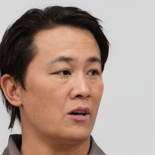 Neutral asian adult male with short  brown hair and brown eyes