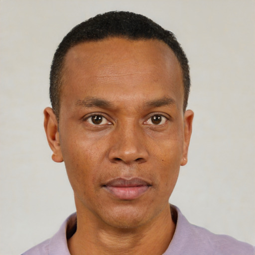 Neutral black adult male with short  black hair and brown eyes