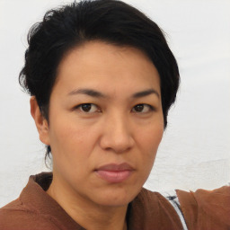 Neutral asian adult female with short  brown hair and brown eyes