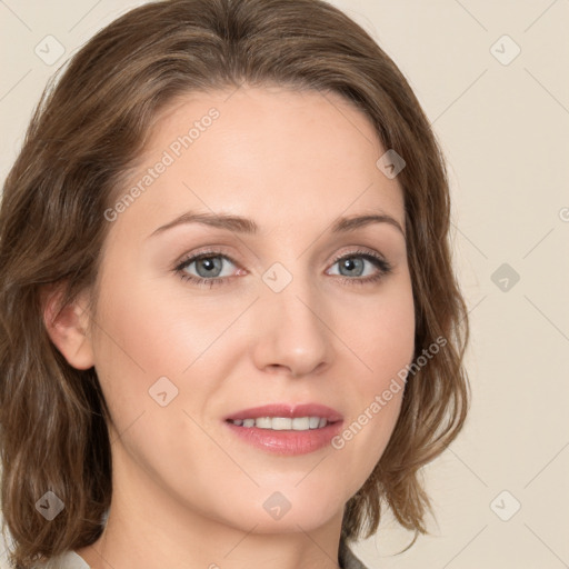 Joyful white young-adult female with medium  brown hair and green eyes