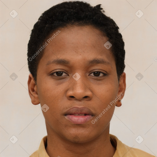 Neutral black young-adult female with short  brown hair and brown eyes