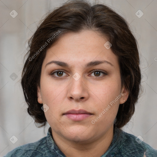 Neutral white young-adult female with medium  brown hair and brown eyes