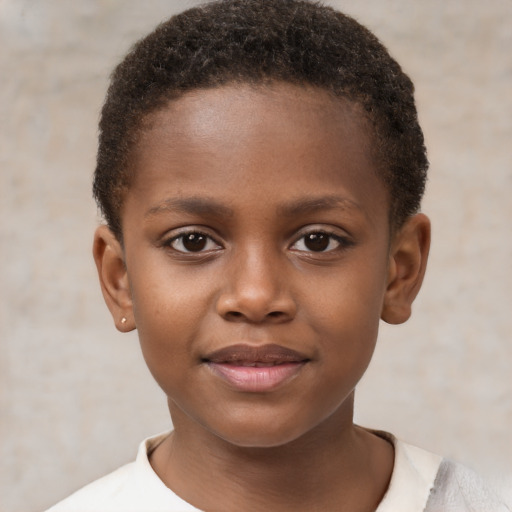 Joyful black child female with short  brown hair and brown eyes