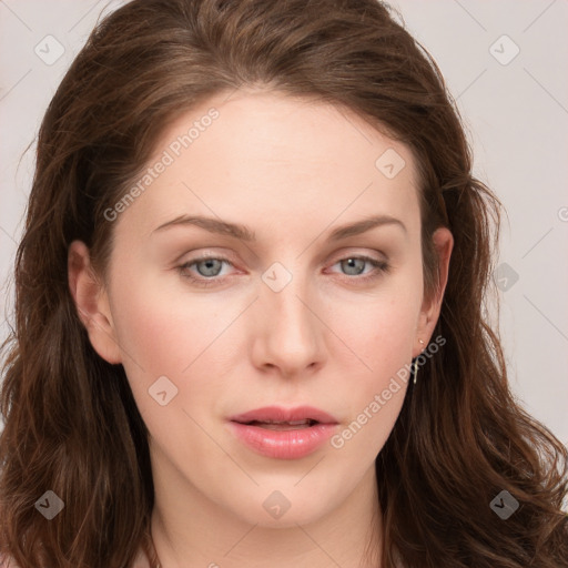 Neutral white young-adult female with long  brown hair and grey eyes