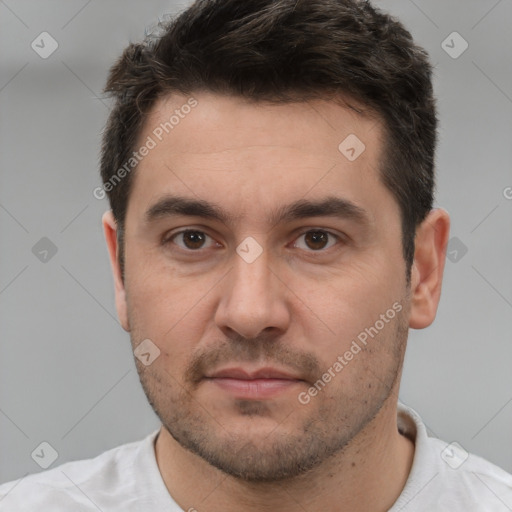 Joyful white young-adult male with short  brown hair and brown eyes