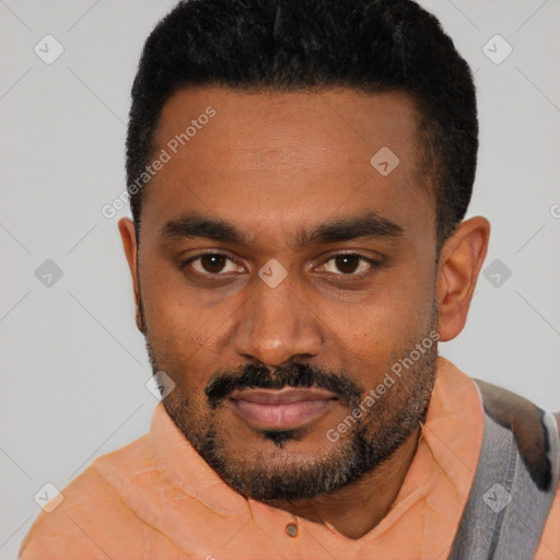 Neutral black young-adult male with short  black hair and brown eyes
