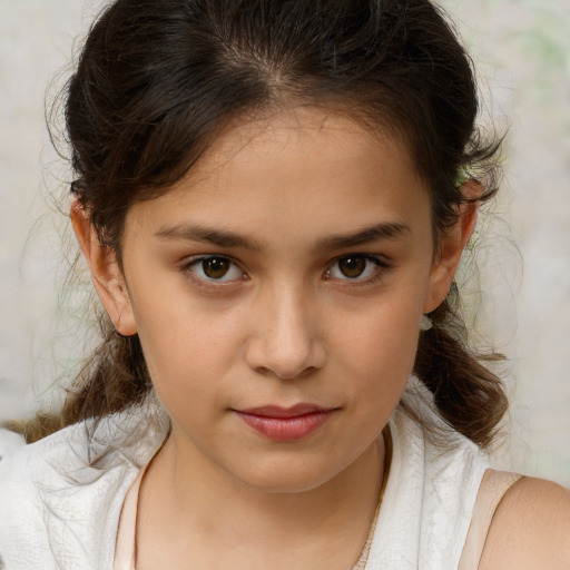 Joyful white child female with medium  brown hair and brown eyes