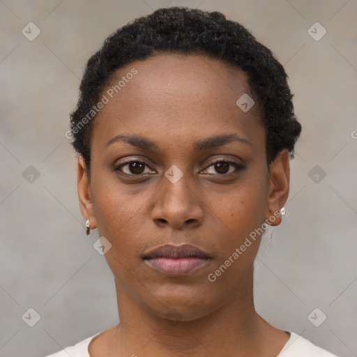 Neutral black young-adult female with short  black hair and brown eyes