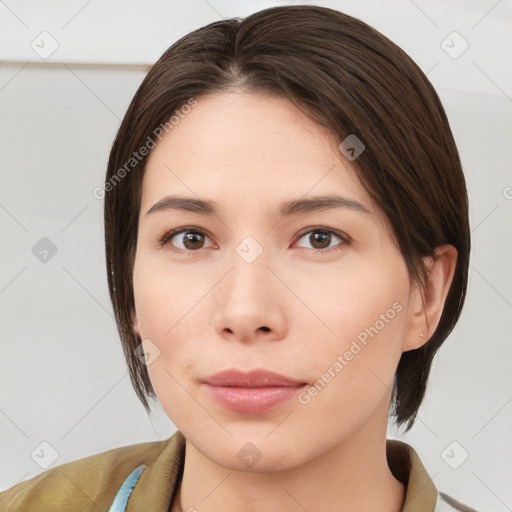 Neutral white young-adult female with medium  brown hair and brown eyes