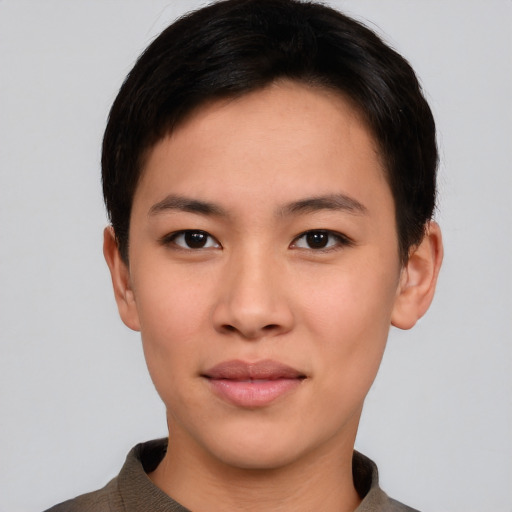 Neutral asian young-adult female with short  black hair and brown eyes