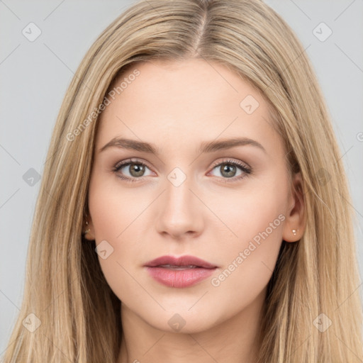 Neutral white young-adult female with long  brown hair and brown eyes