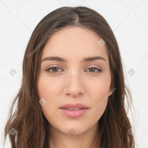 Neutral white young-adult female with long  brown hair and brown eyes