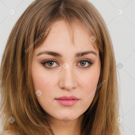 Neutral white young-adult female with long  brown hair and brown eyes