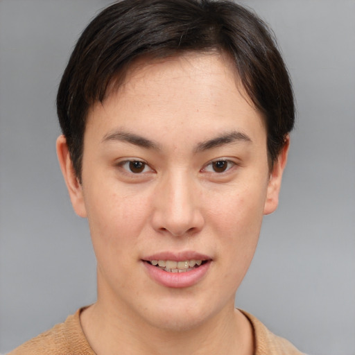 Joyful asian young-adult female with short  brown hair and brown eyes