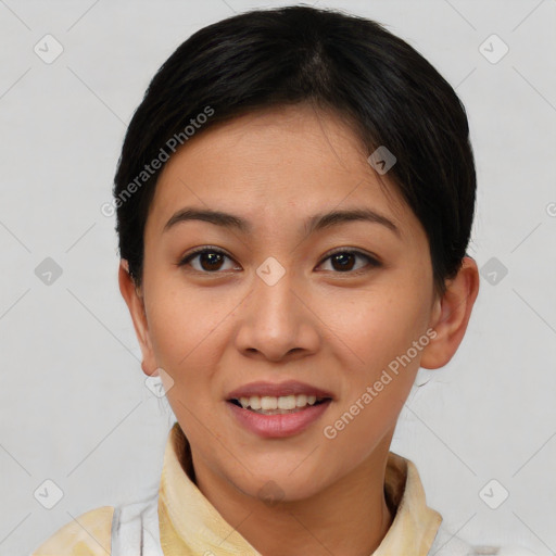 Joyful asian young-adult female with short  brown hair and brown eyes