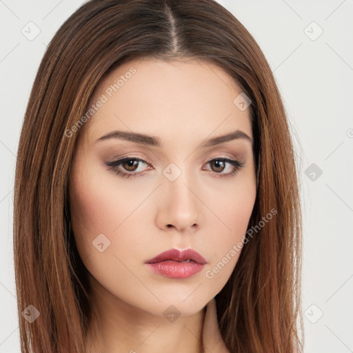 Neutral white young-adult female with long  brown hair and brown eyes