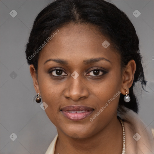 Joyful latino young-adult female with long  brown hair and brown eyes