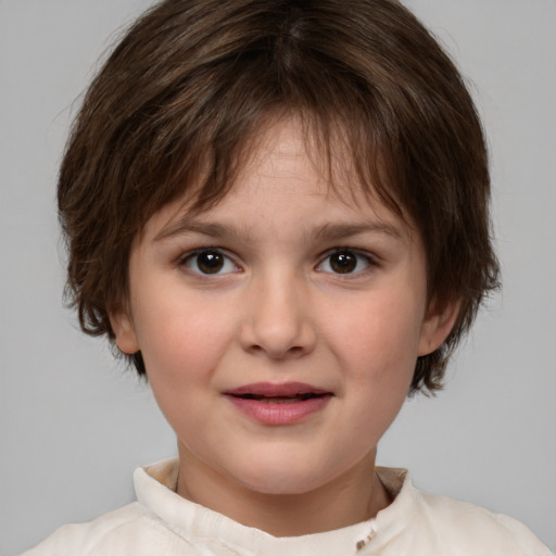 Joyful white child female with medium  brown hair and brown eyes