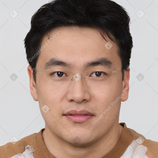 Neutral asian young-adult male with short  brown hair and brown eyes