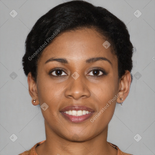 Joyful latino young-adult female with short  brown hair and brown eyes