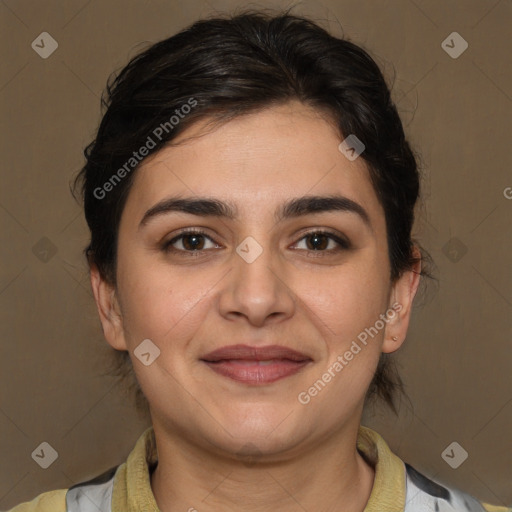 Joyful white young-adult female with medium  brown hair and brown eyes