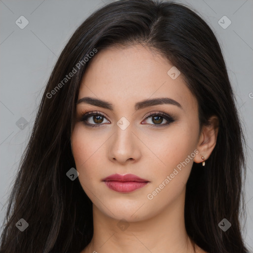 Neutral white young-adult female with long  brown hair and brown eyes