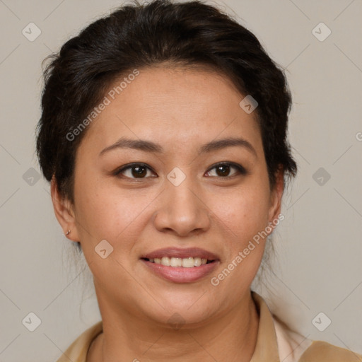 Joyful white young-adult female with medium  brown hair and brown eyes