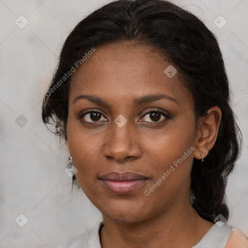 Joyful black young-adult female with medium  brown hair and brown eyes